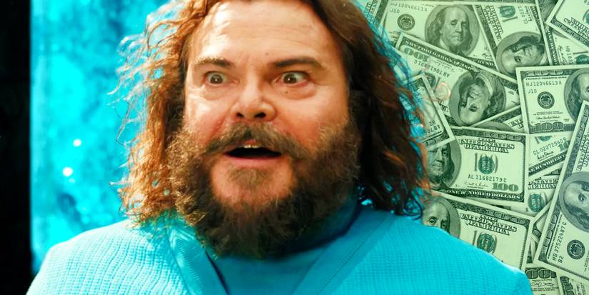 Jack Black as Steve in A Minecraft Movie looking excited in front of money