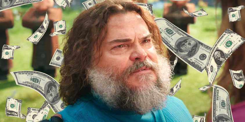 Jack Black is talking to Jason Momoa in A Minecraft Movie while money is falling