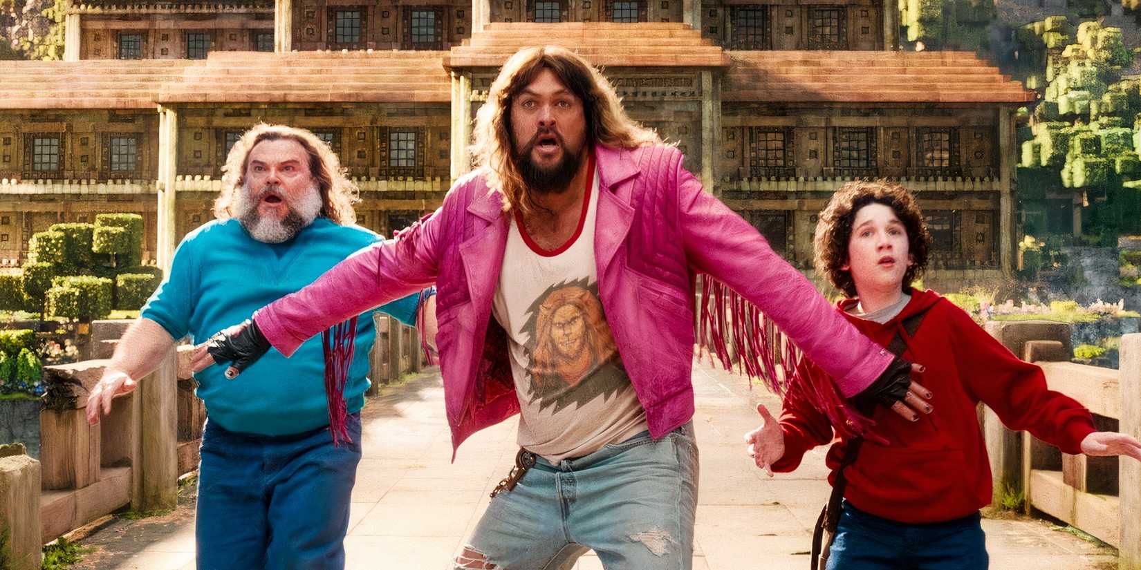 Jack Black, Jason Momoa, and Sebastian Eugene Hansen in A Minecraft Movie