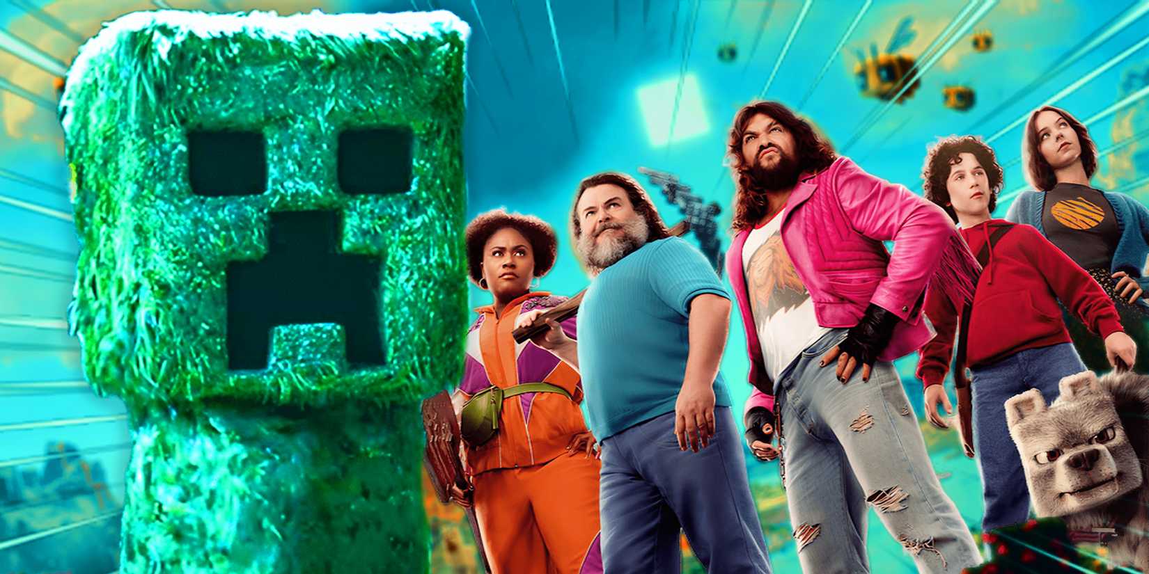Jack Black Jason Momoa and the Cast of Minecraft Next to a Creeper