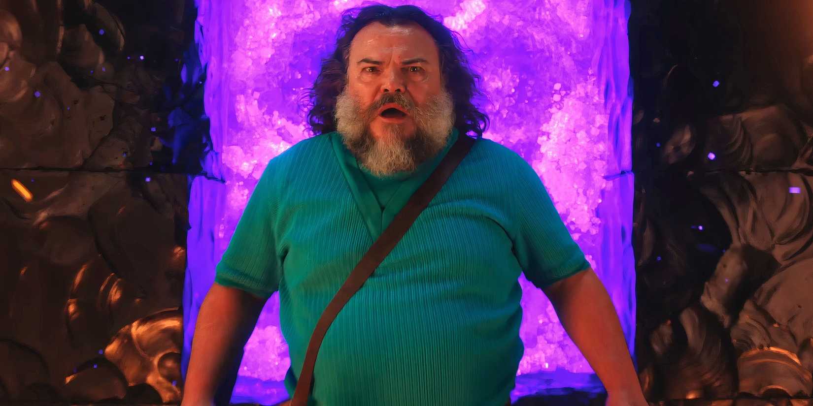 Steve is looking concerned while in front of a portal in A Minecraft Movie