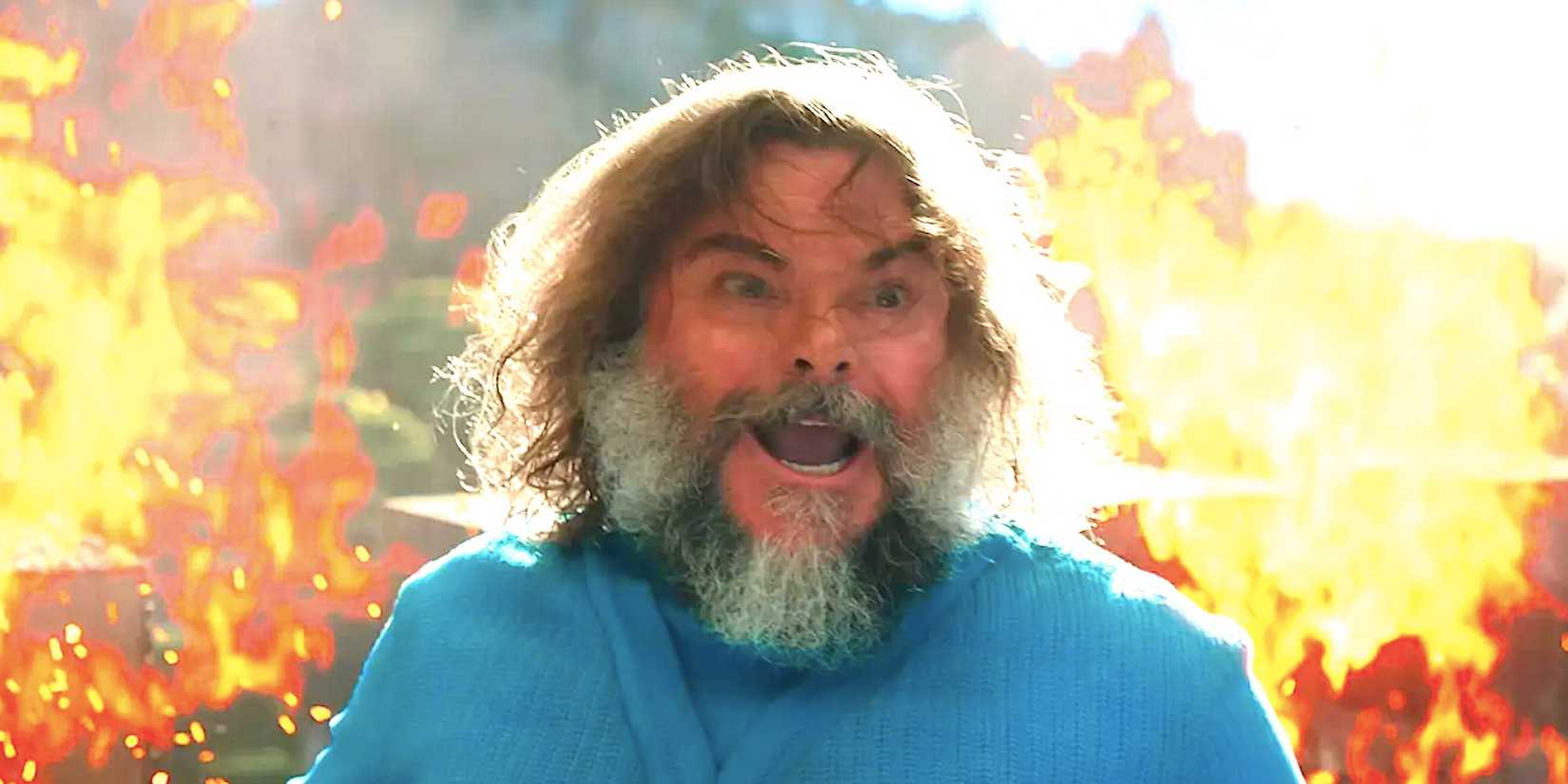 Jack Black as Steve smiling as zombies explode around him in A Minecraft Movie 2025