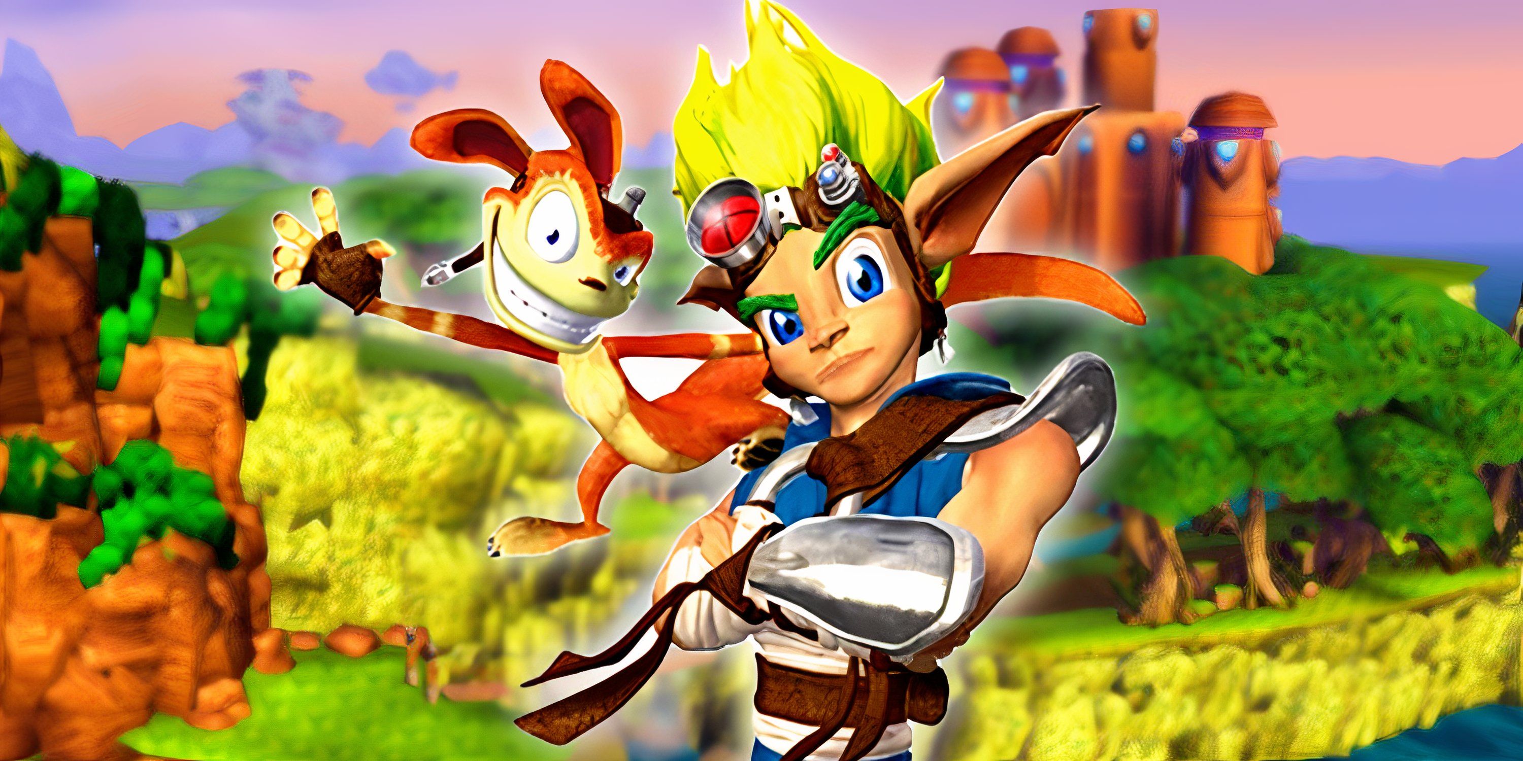 Jak and Daxter posing in front of a screenshot from the game