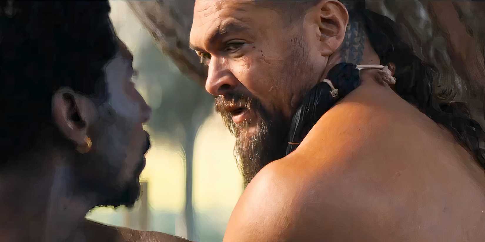 Jason Momoa talking to a fellow warrior in Chief of War