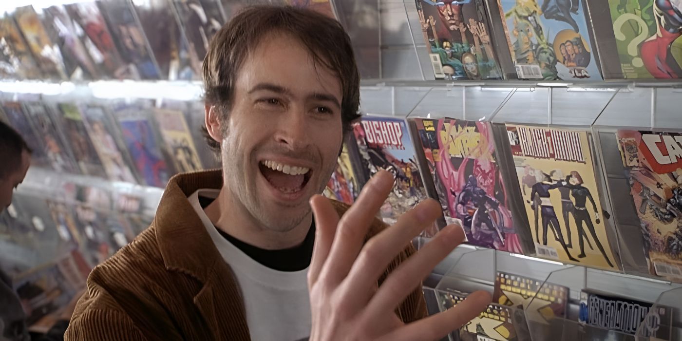 Jason Lees Brodie smiling at the comic book shop in Mallrats