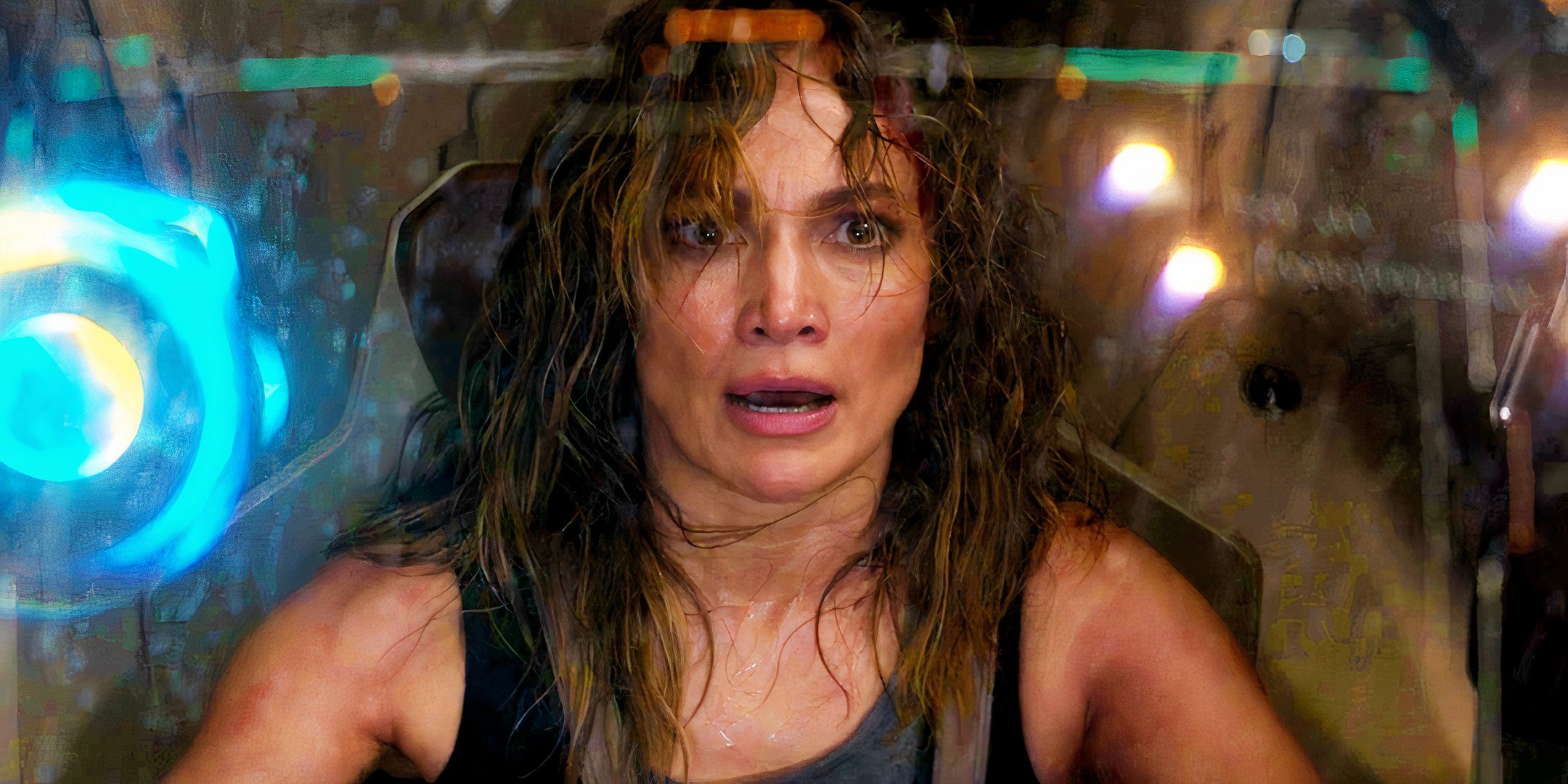 Jennifer Lopez looking worried in Atlas