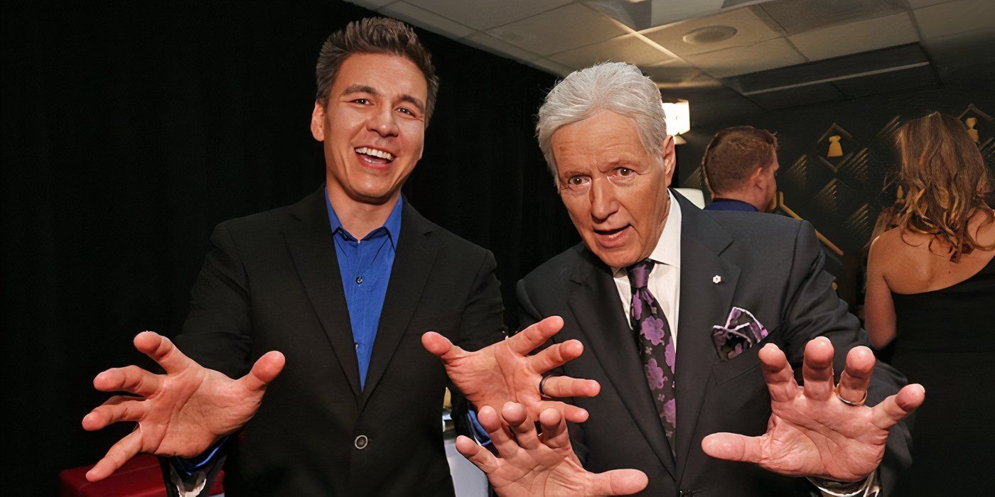 james holzhauer and Alex Trebek hands out