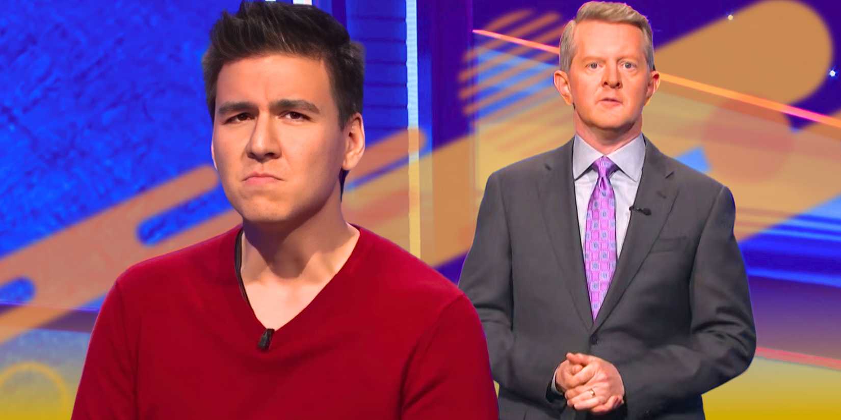 Jeopardy's James Holzhauer frowns and Ken Jennings has a neutral expression