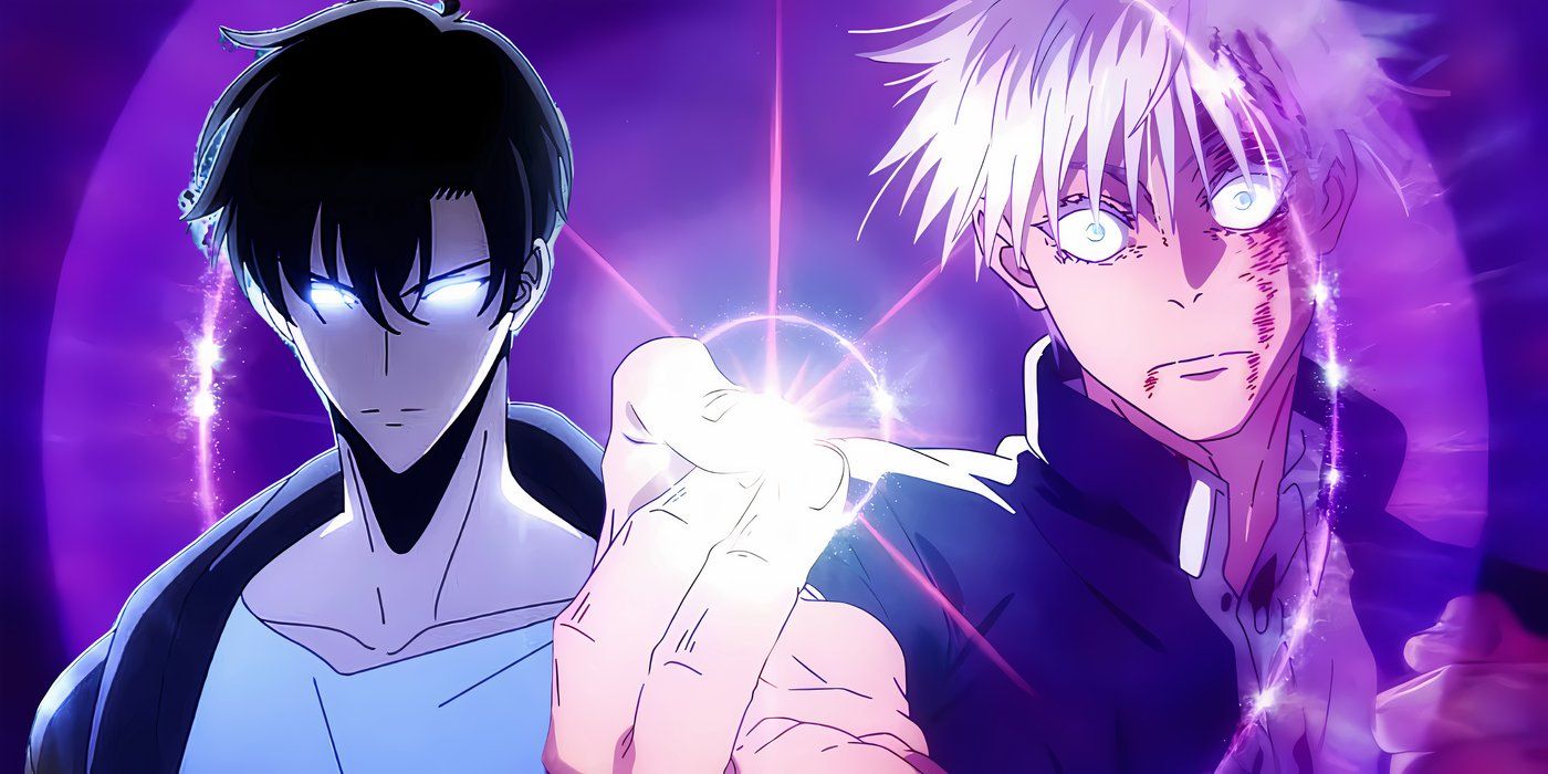 Jinwo with glowing eyes and Gojo snapping his fingers and using his techique Hollow Purple