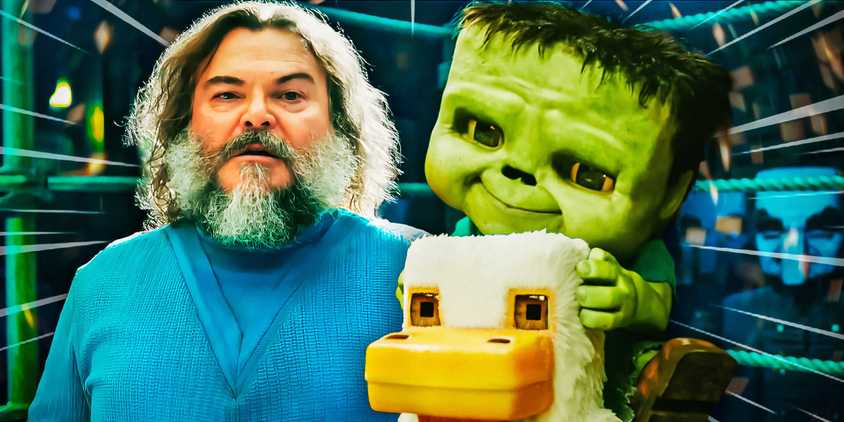 jockey from A Minecraft Movie next to Jack Black's Steve