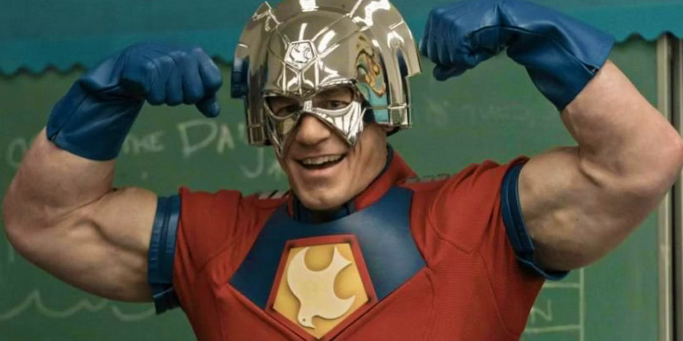 Christopher Smith/Peacemaker (John Cena) flexing his muscles in Peacemaker season 1