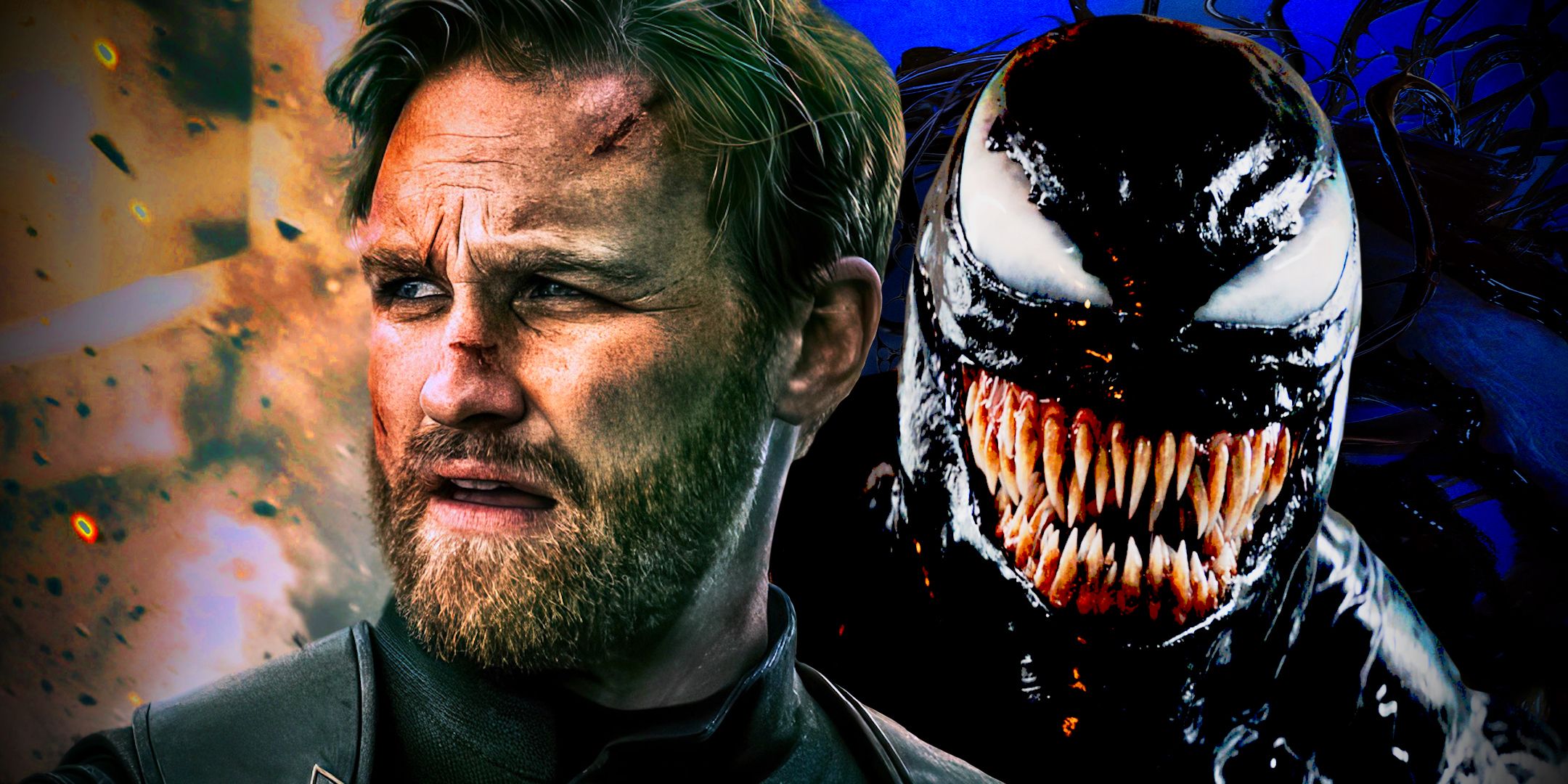 Wyatt Russel as John Walker from his Thunderbolts character poster, with Tom Hardy's Venom exposing his teeth over his shoulder.