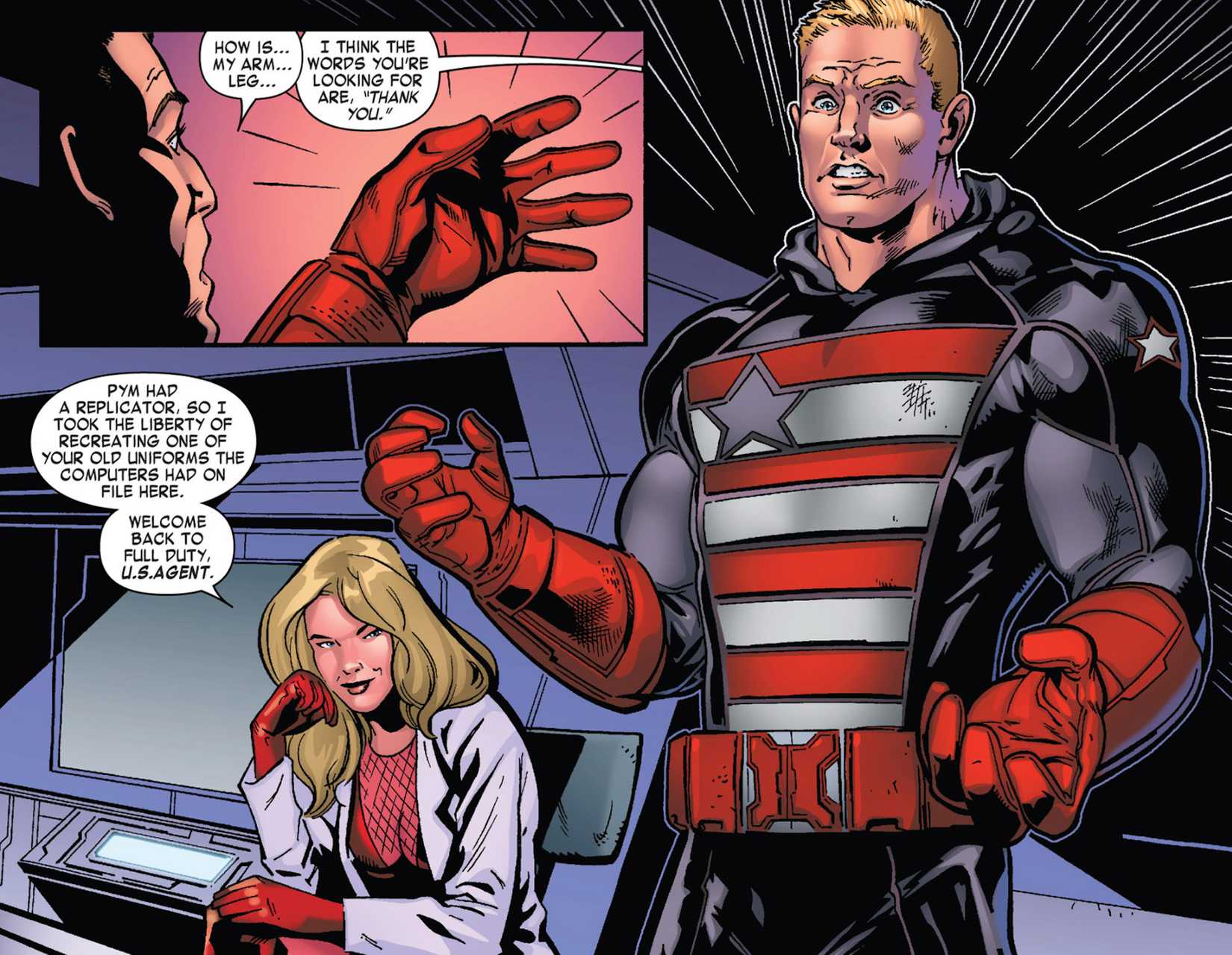 John Walker gets his arm and leg back with the Venom Symbiote in Dark Avengers #185
