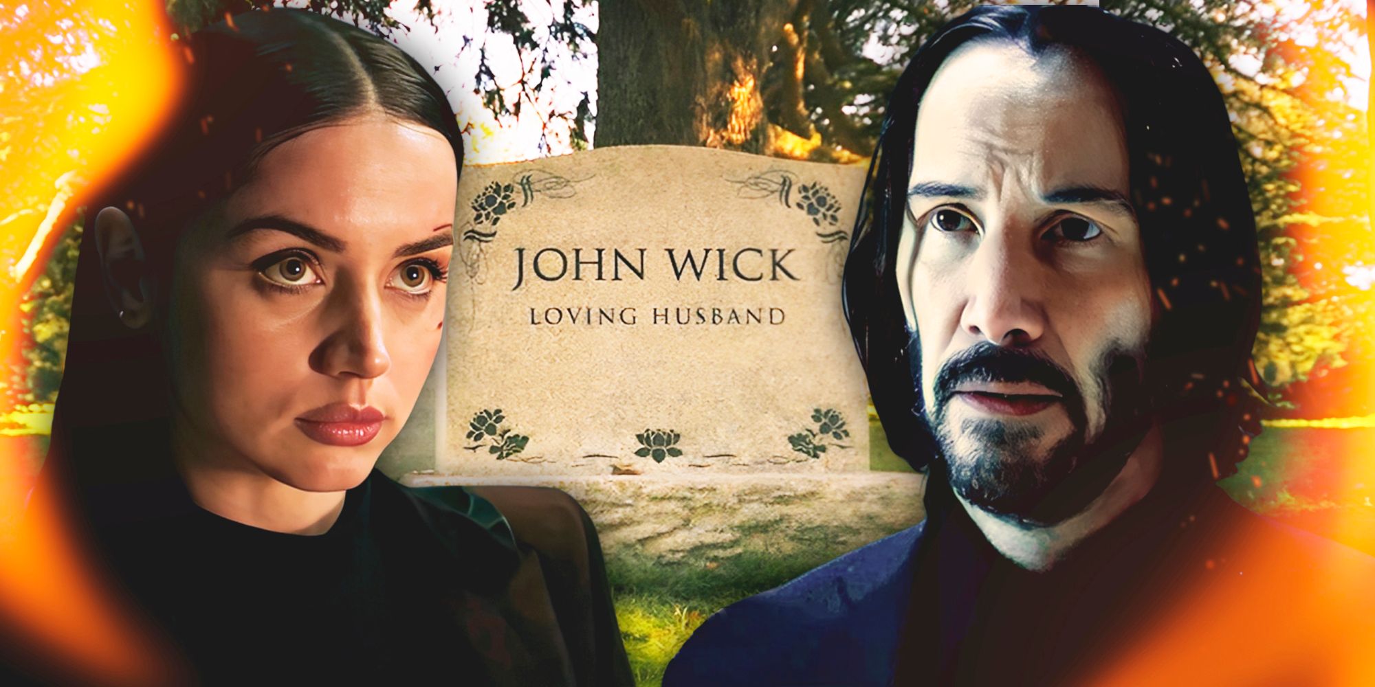 John Wick's grave from Chapter 4's ending with John Wick and Ana de Armas from Ballerina