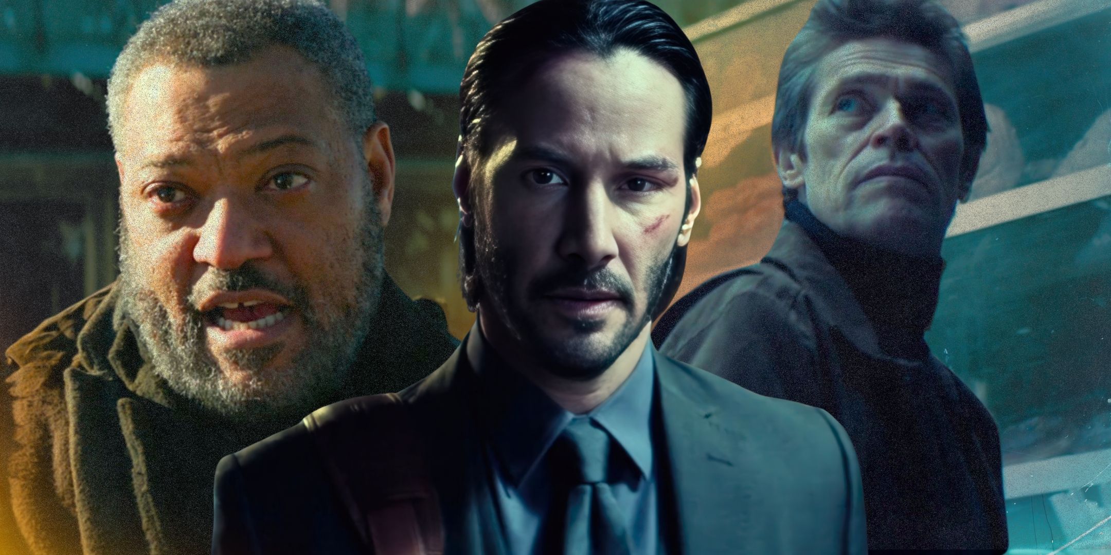 Laurence Fishburne Laurence Fishburne as Bowery King, Keanu Reeves Keanu Reeves as John Wick and Willem Dafoe as Marcus in John Wick