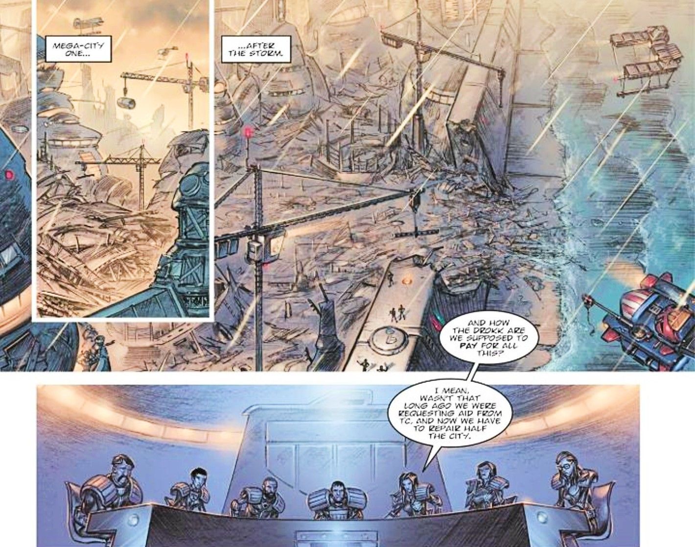 Judge Dredd, A Better World, the wreckage of Mega City One after a major catastrophe
