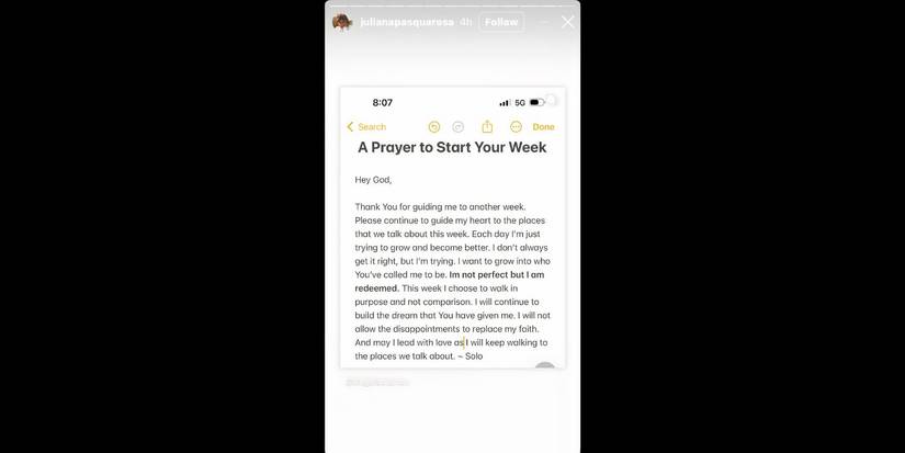The Bachelor's Juliana Pasquarosa's Instagram story from April 6 with a prayer for the week