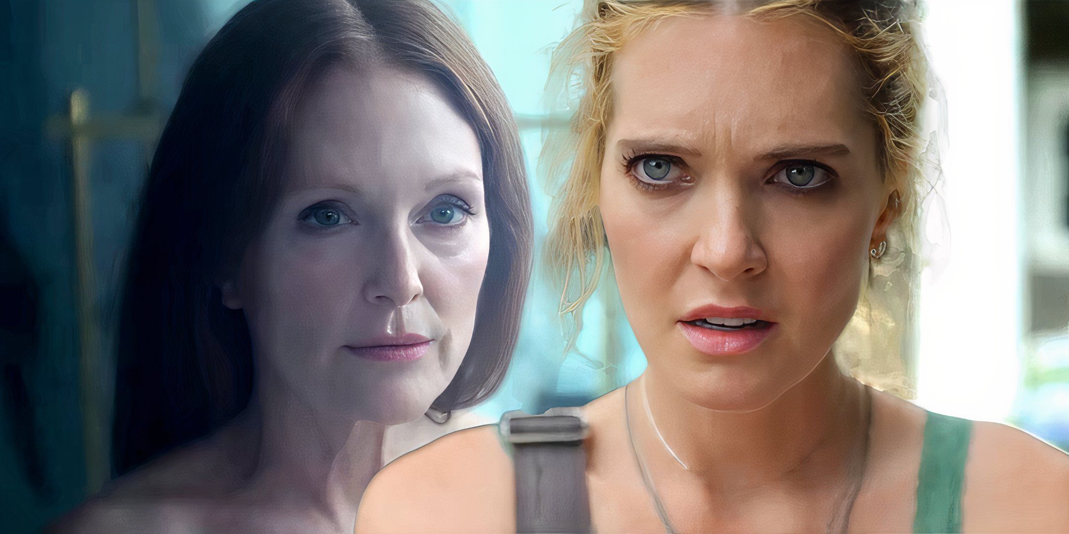 Julianne Moore as Michaela looking stoic and Meghann Fahy as Devon looking upset in Sirens