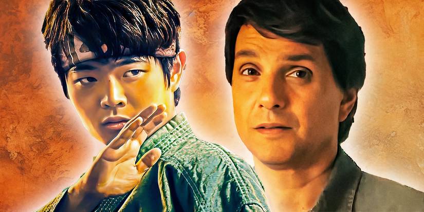 An edited image of Ralph Macchio as Daniel LaRusso and Ben Wang as Li Fong in Karate Kid: Legends with an orange background.