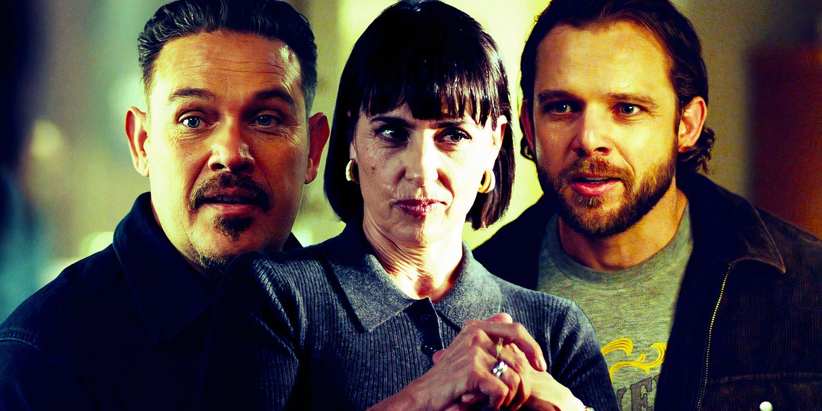 Kevin Alejandro as Manny Perez, Constance Zimmer as Renee and Max Thieriot as Bode Leone in Fire Country season 3