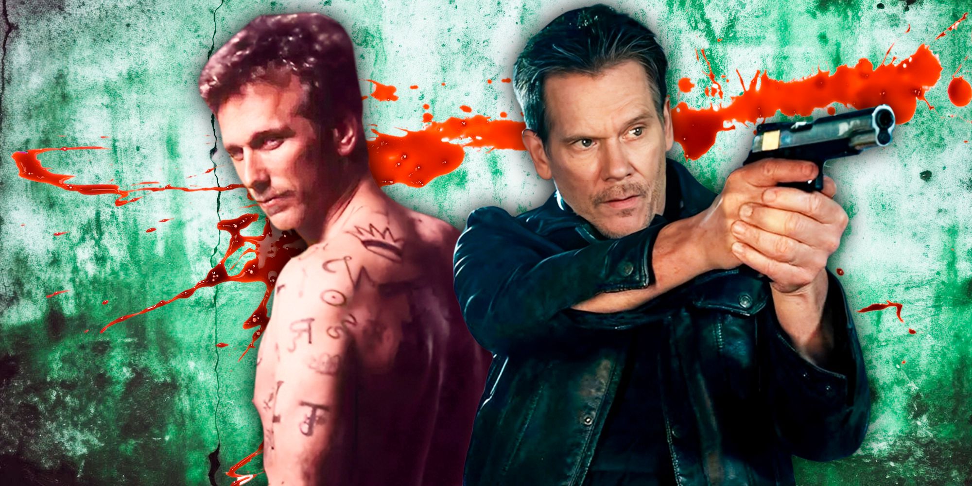 Kevin Bacon in action pose in The Bondsman with Peter Horton in Brimstone (1998)
