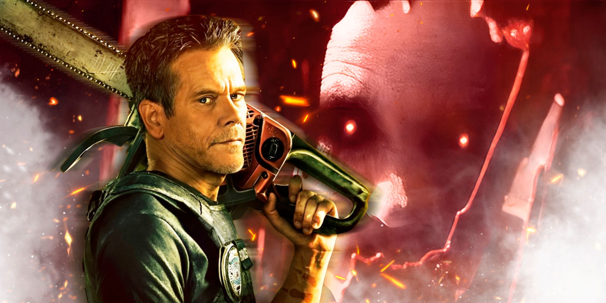 Kevin Bacon&rsquo;s Hub with a chainsaw and a red-eyed demon from The Bondsman
