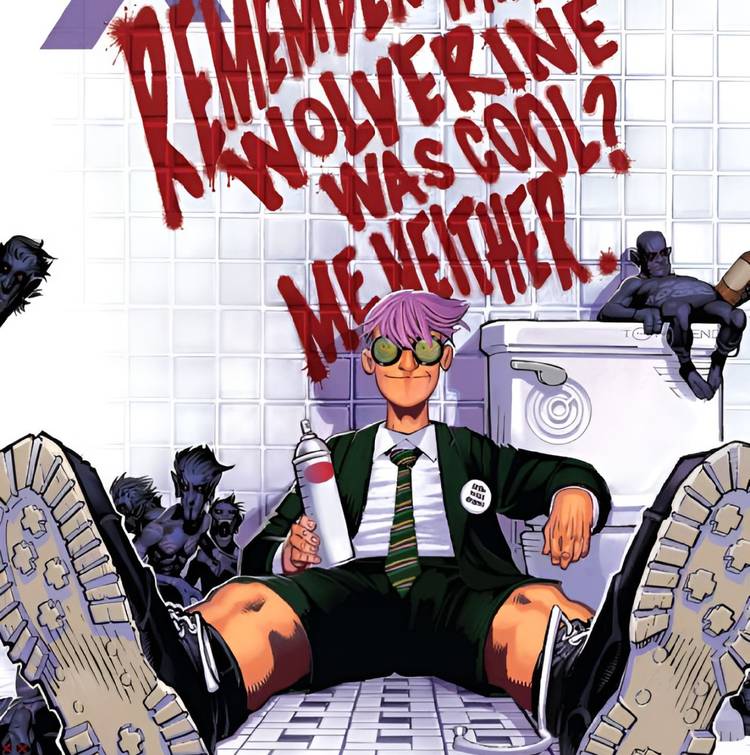 Kid Omega sits on the floor next to a toilet with the words "Remember when Wolverine was cool? Me neither." spray-painted on the wall.