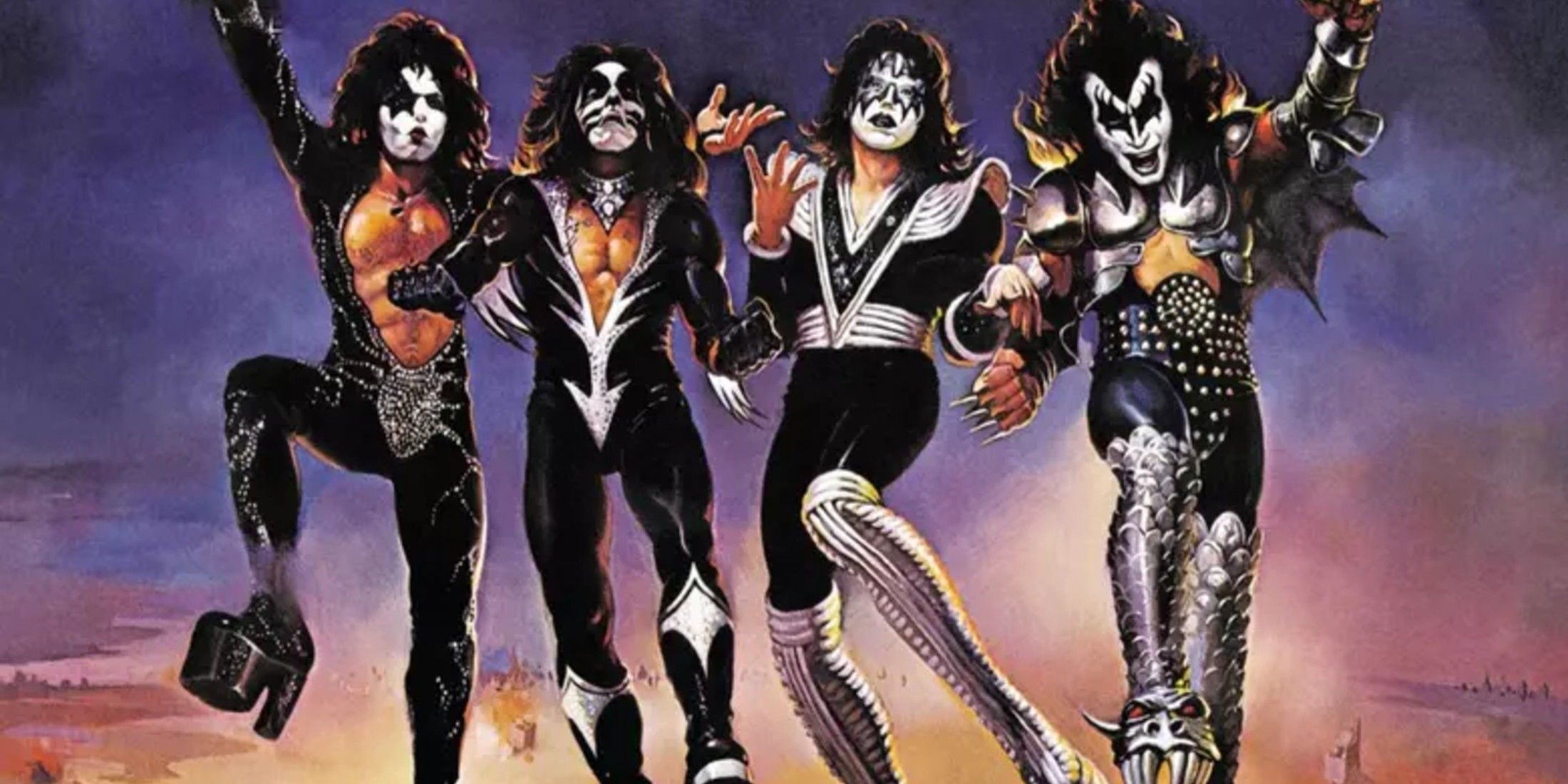 All four members kiss jump in the air as they wear their black jumpsuits and signature white and black face paint. They also have on large boots. The background is purple with some white haze underneath.