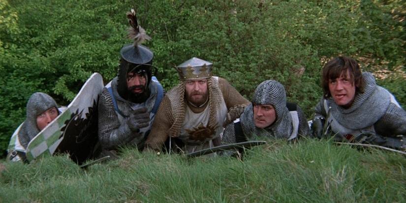 King Arthur and his knights looking up in Monty Python and the Holy Grail