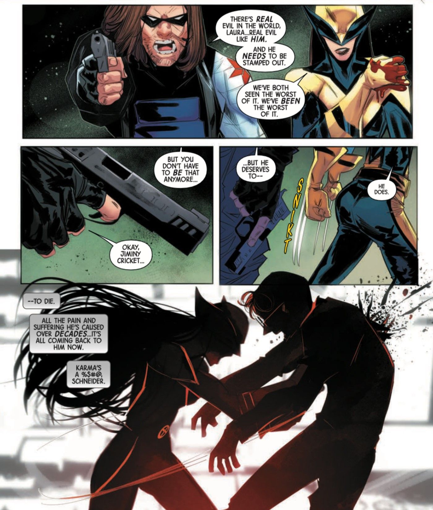 Laura Kinney Wolverine #5 Laura stops Bucky from killing Schneider then stabs him herself with her claws