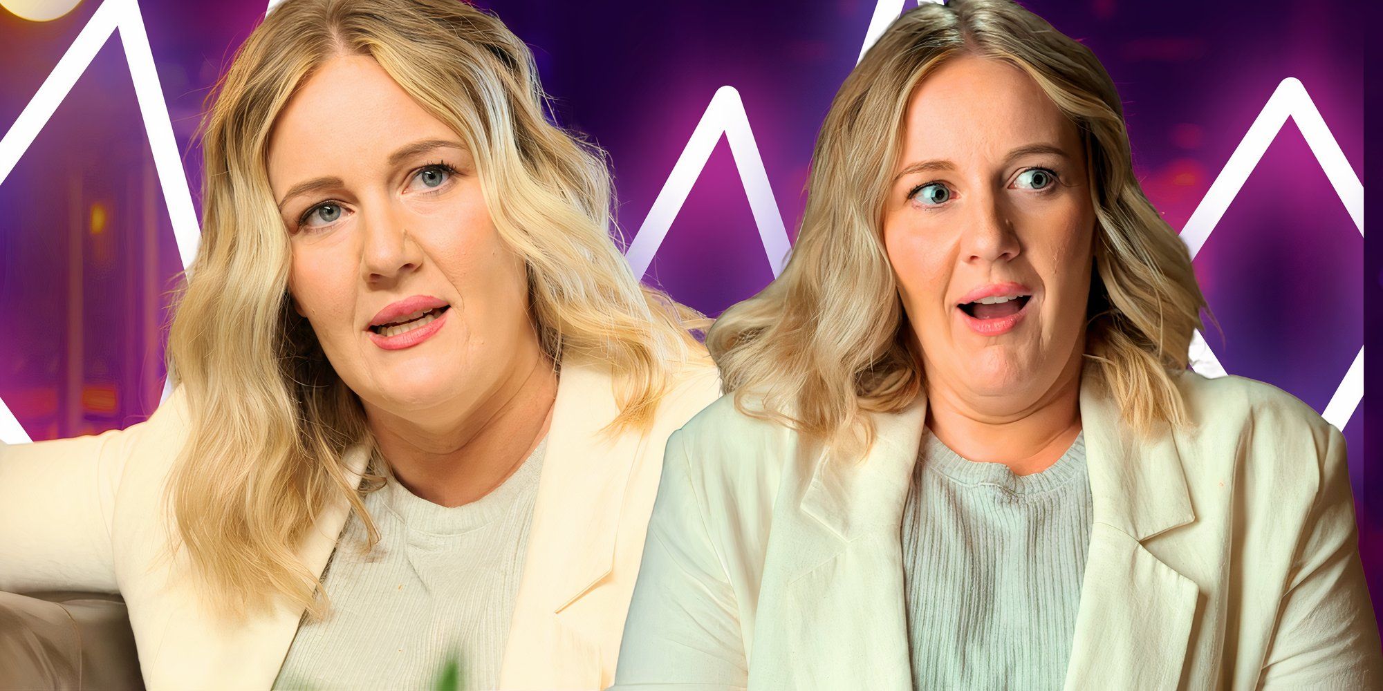 Lauren Jean from Million Dollar Secret in serious montage with two poses in cream outfits and purple background