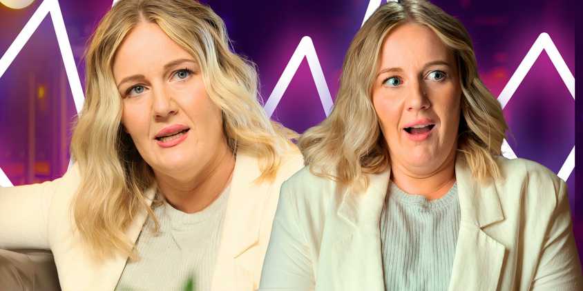 Lauren Jean from Million Dollar Secret in serious montage with two poses in cream outfits and purple background