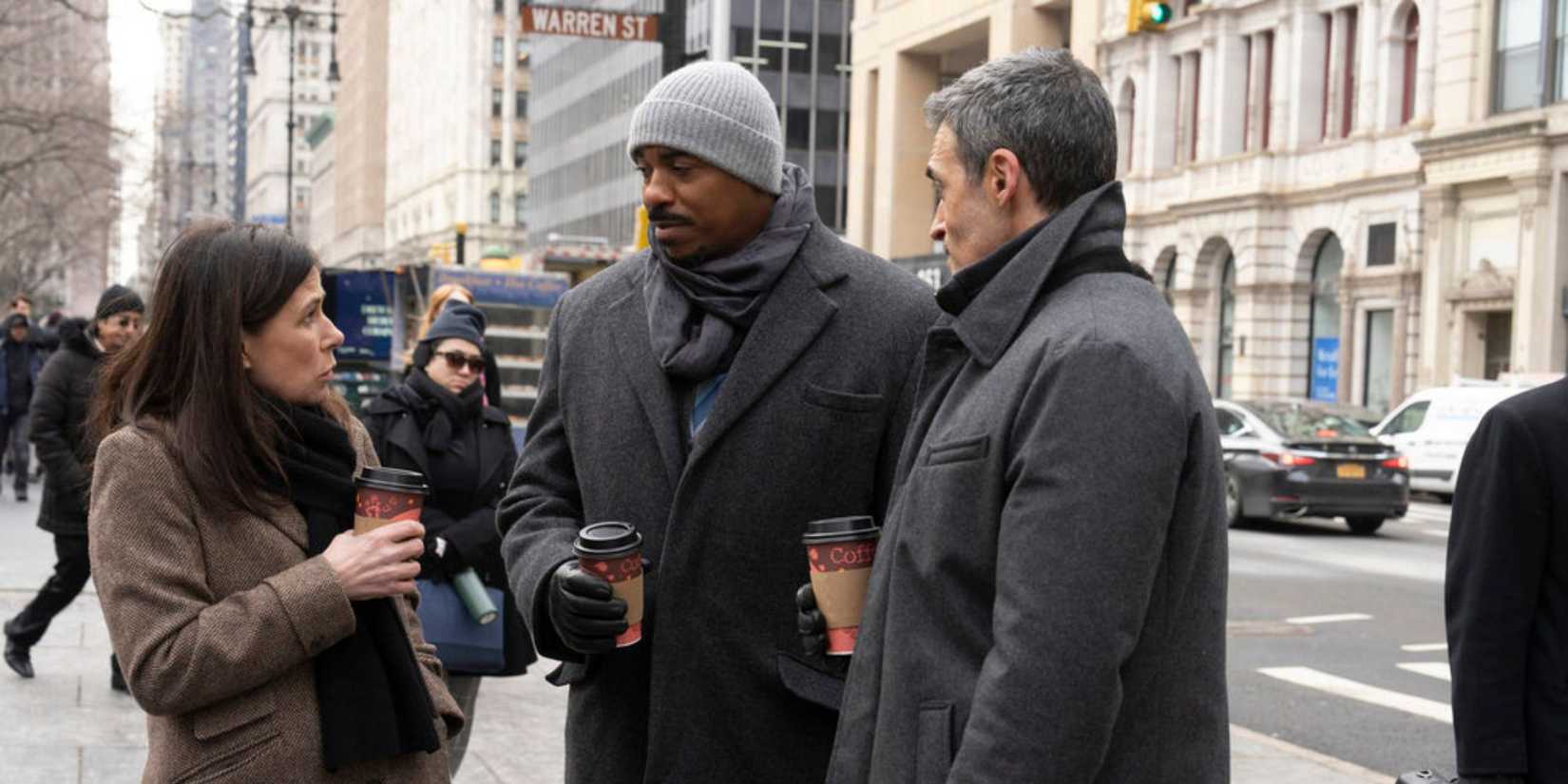 Law & Order Shaw has coffee with Reid and Brady outside the courthouse