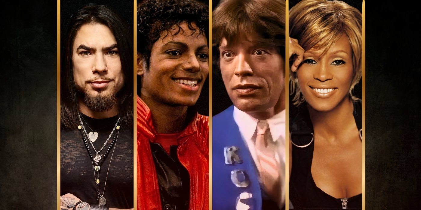 Collage of Dave Navarro, Michael Jackson, Mick Jagger, and Whitney Houston