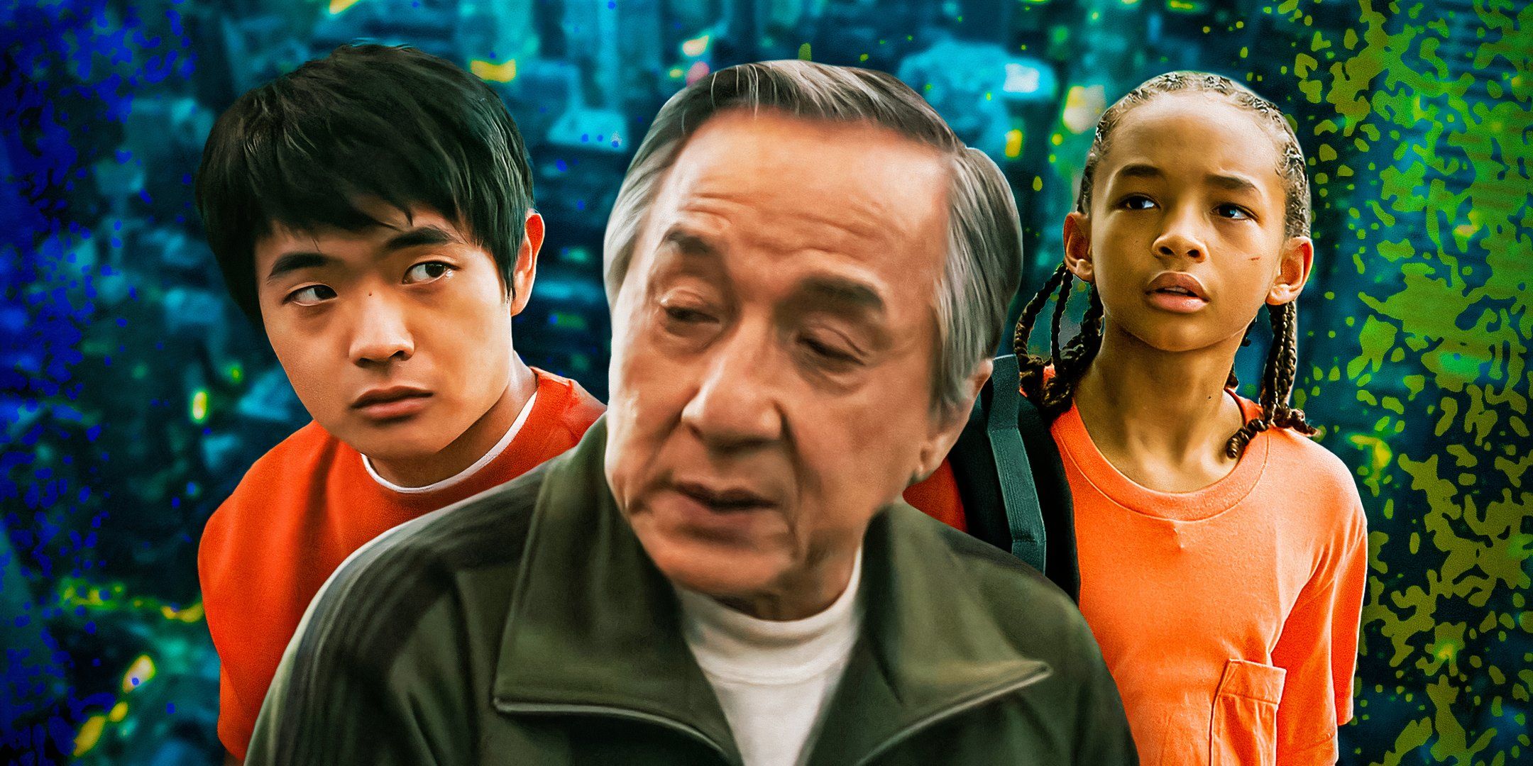 Li-Fong-from-KK-Legends-doing-kung-fu-and-Dre-Parker-from-2010&rsquo;s-Karate-Kid-doing-karate,-separated-by-Jackie-Chan&rsquo;s-Mr.-Han