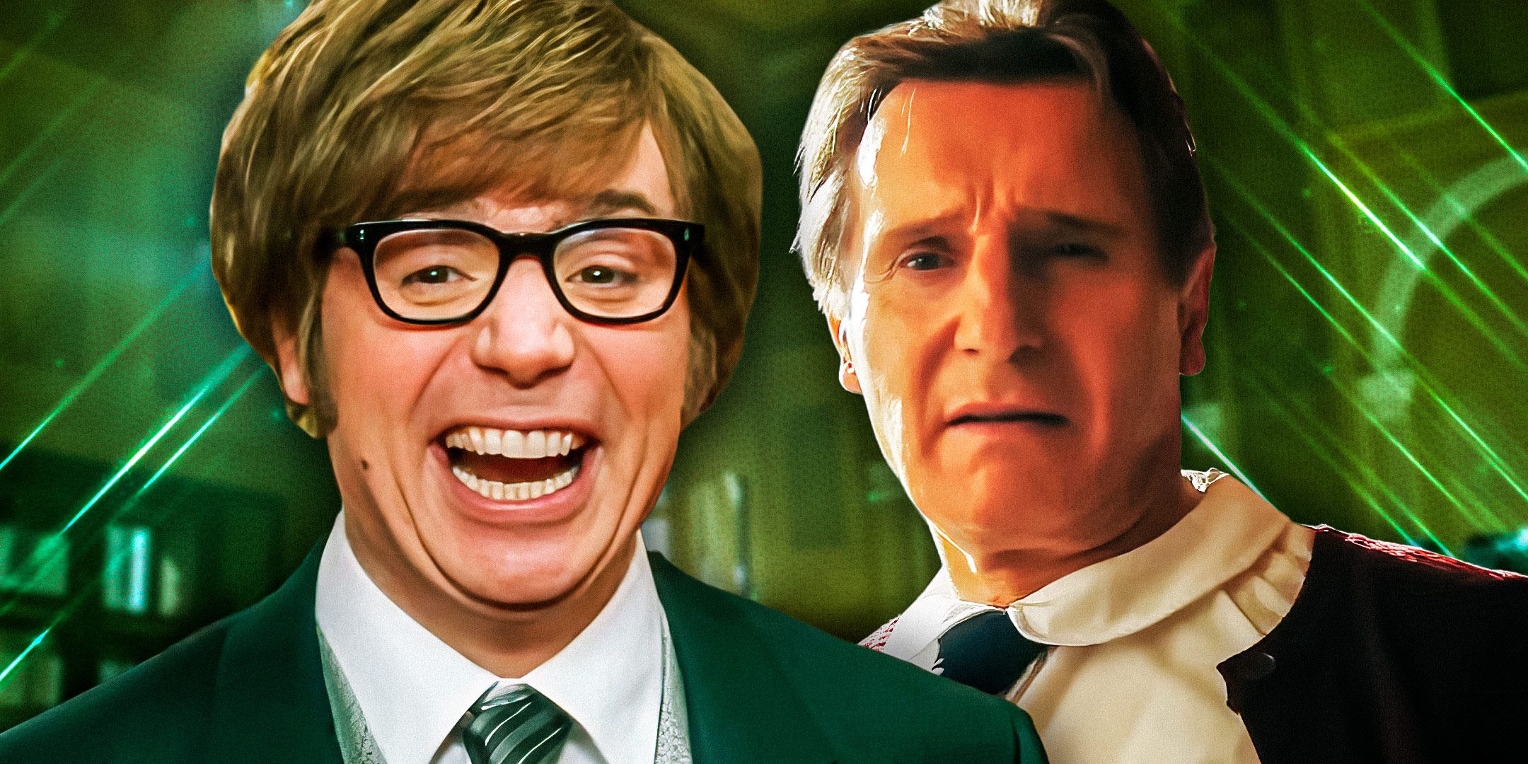 Liam Neeson from Naked Gun 2025 with Mike Myers as Austin Powers