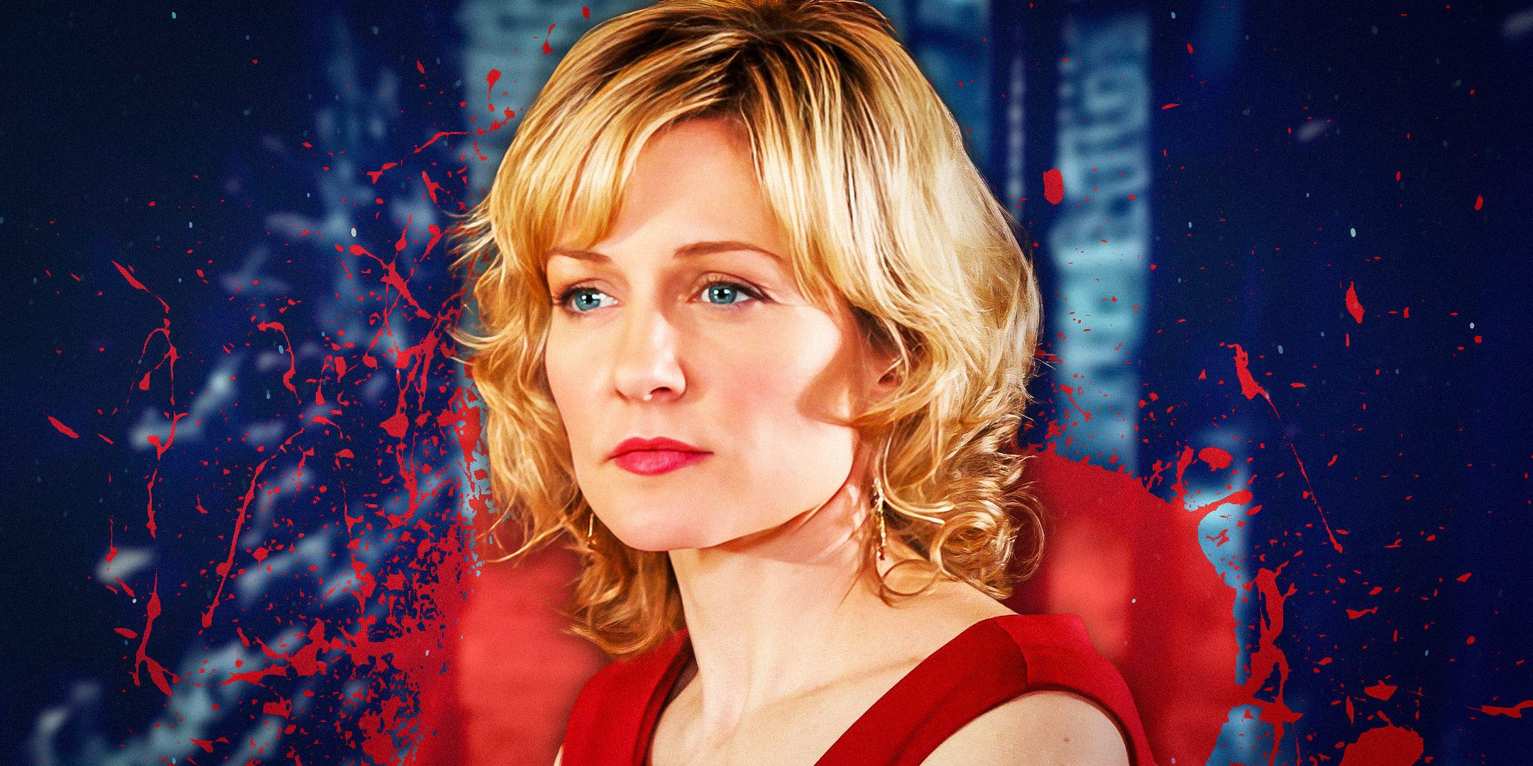 Custom photo of Blue Bloods' Linda in a red dress  with blood splatters behind her