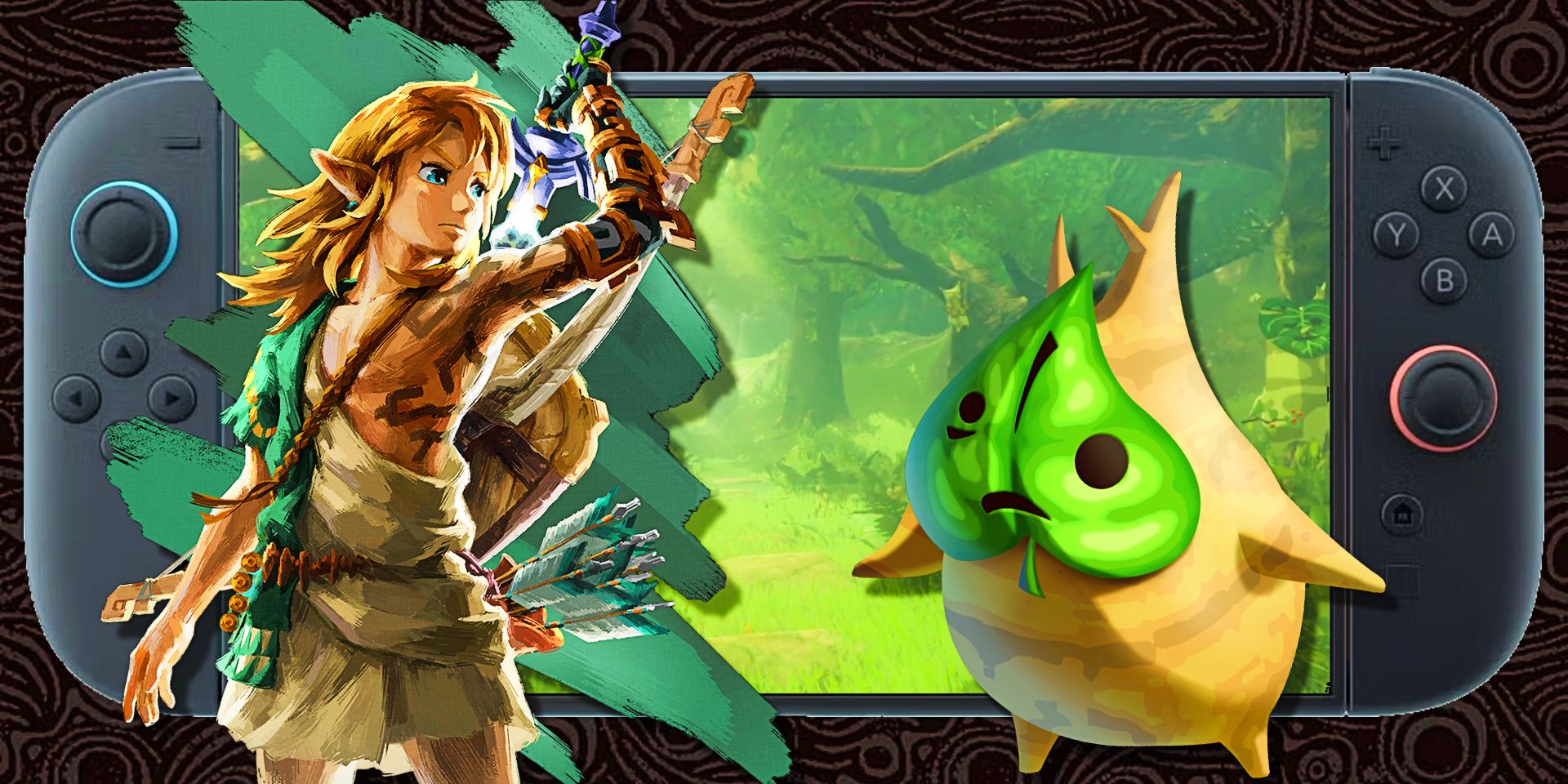 Link and Makar the Korok in front of a Switch 2 displaying an image of Korok Forest.
