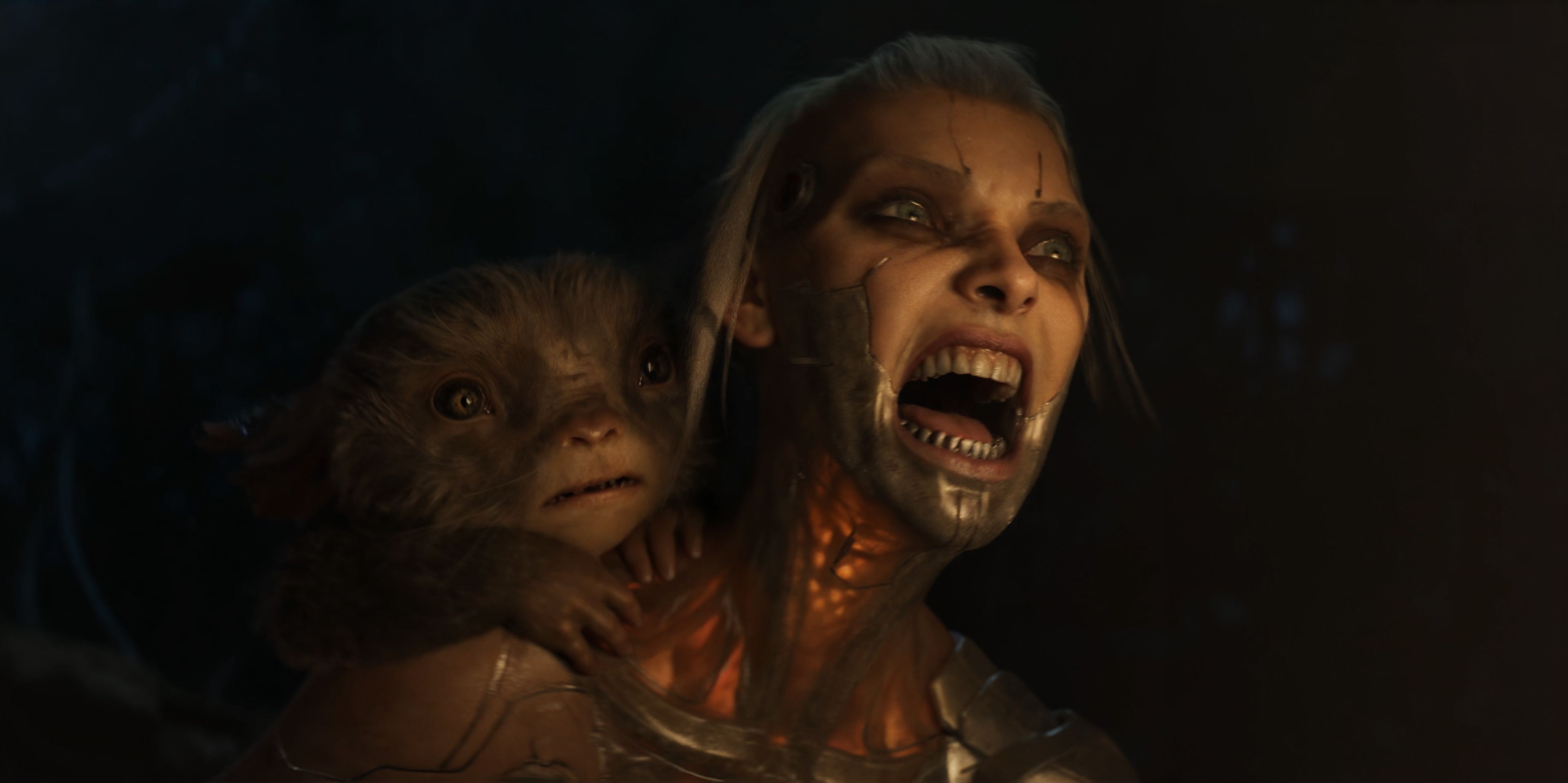 A cyborg woman screaming with a fury pet on her back in Love Death Robots season 4