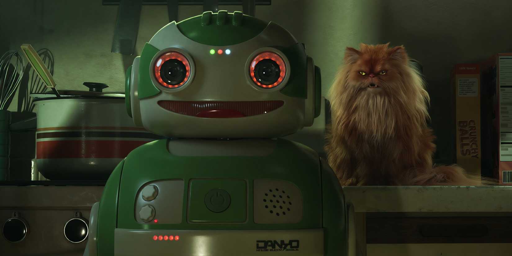 A smiling robot next to an angry cat in Love Death Robots season 4
