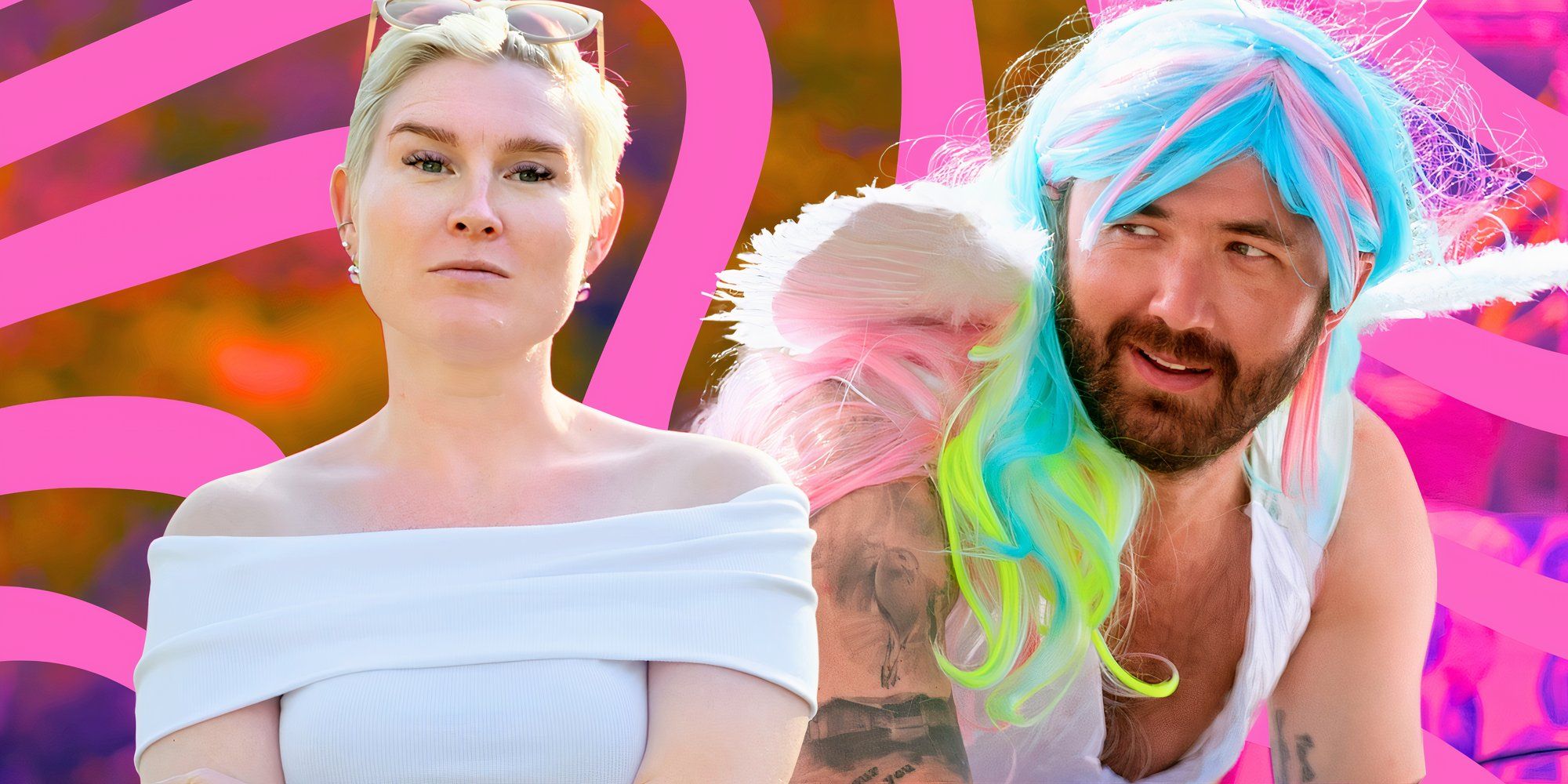 Love Is Blind Sweden Season 2 cast members with a woman in white and a man in a colorful wig with pink background