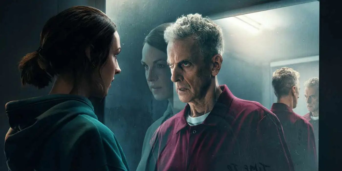 Lucy (Jessica Raine) staring at Gideon (Peter Capaldi) through a window in The Devil&rsquo;s Hour.
