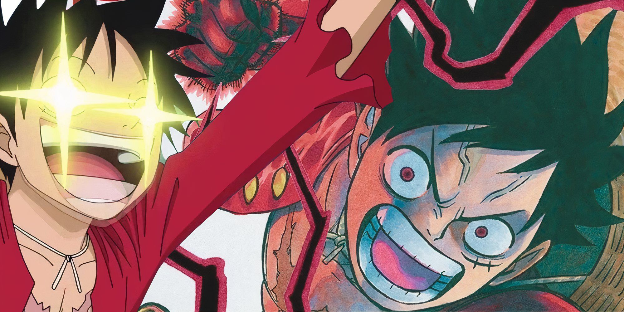 Luffy waves his hand and his eyes sparkles with a depiction of him in the BG ready to fight.
