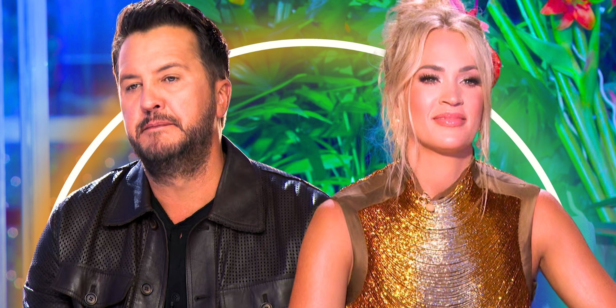 American Idol&rsquo;s Luke Bryan and Carrie Underwood with serious expressions in front of green plants