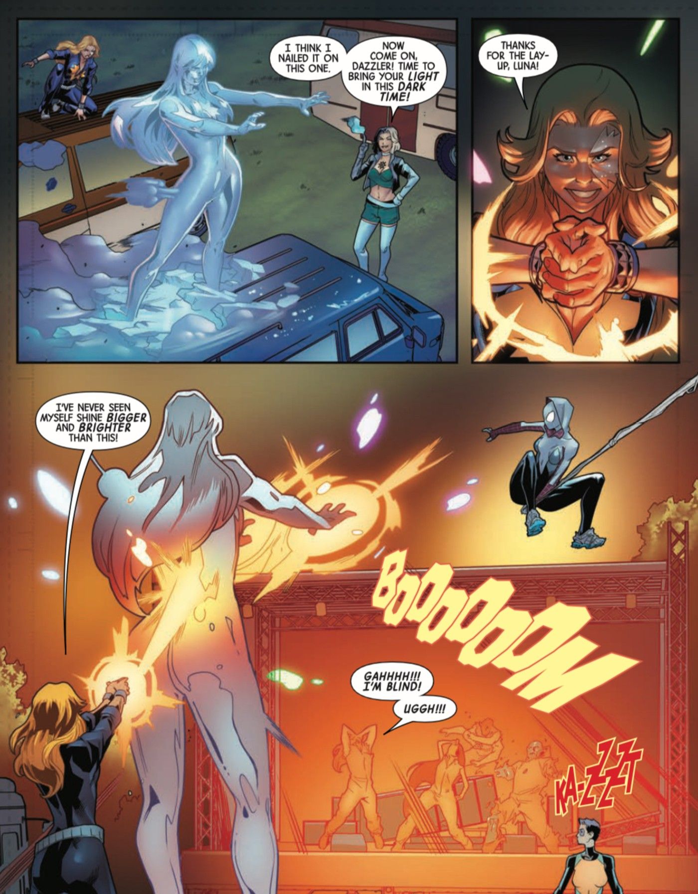 Luna Snow and Dazzler do a combo attack
