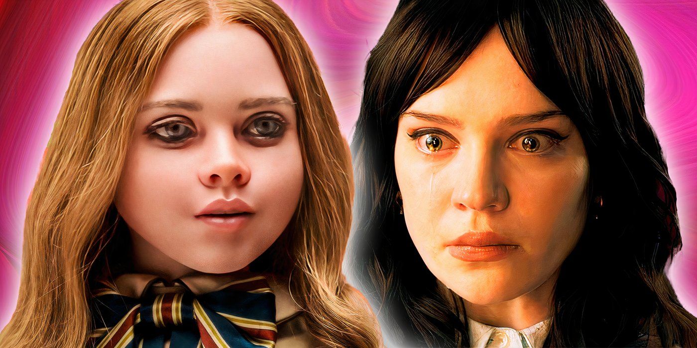 An edited image of M3GAN and Sophie Thatcher as Iris in Companion with a pink background.