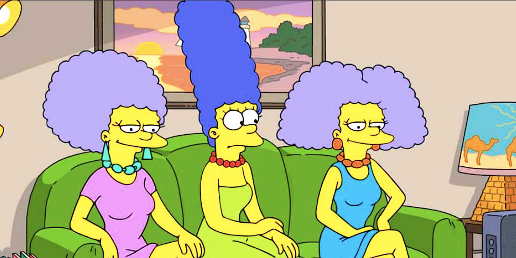 Marge looks unnerved sitting beside skinny Patty and Selma on a couch from The Simpsons season 36 episode 13