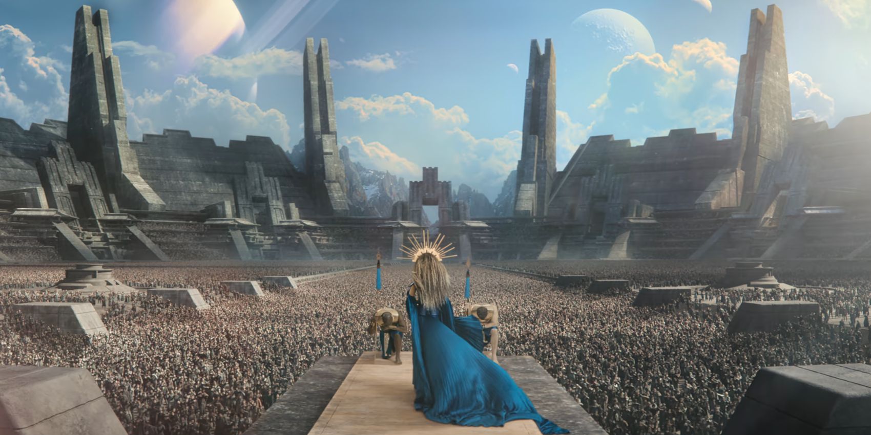 Maria (Sienna Kelly) standing in front of a huge crowd as empress of the universe in Black Mirror Bete Noire