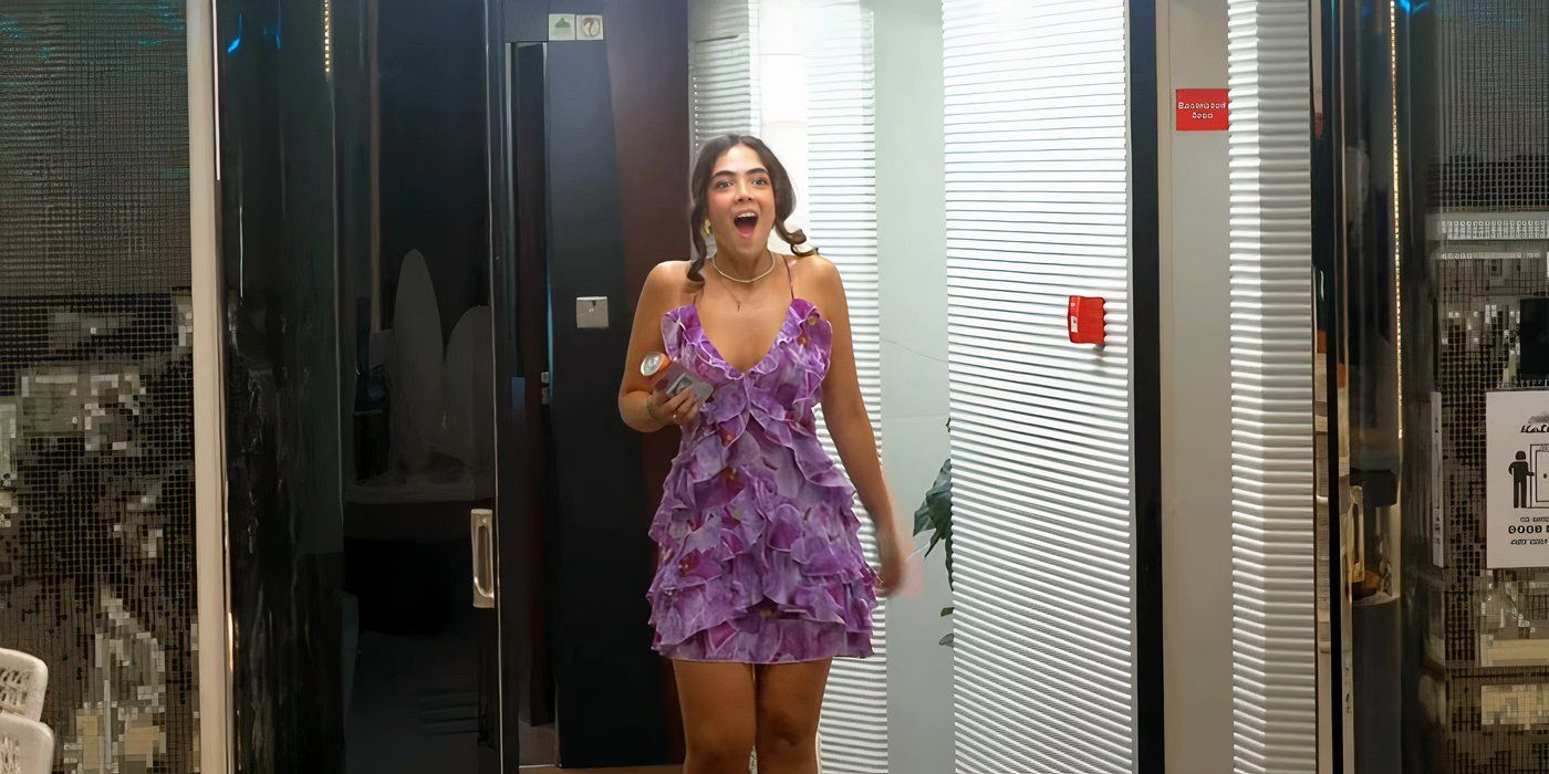 Below Deck Down Under&rsquo;s Marina Marcondes de Barros wearing a purple dress and looking surprised
