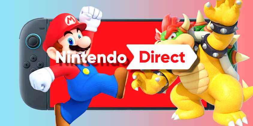 Mario and Bowser flanking a Switch 2 displaying the Nintendo Direct logo.
